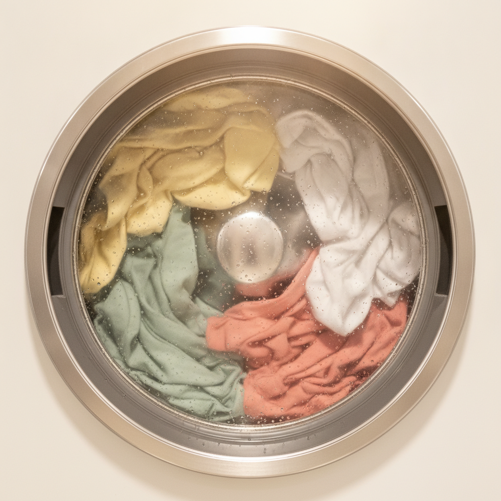 Ropa de colores girando dentro del tambor de una lavadora profesional